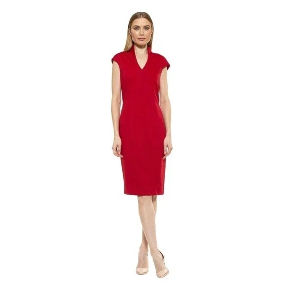 Nwt!! Neiman Marcus Women's Red V-Neck Cap Sleeve Midi Dress Size L Gold Zipper — image 2 of 8